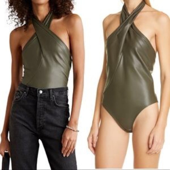 Alix Oliver Faux Leather Halterneck Thong Bodysuit - Green Size L - Picture 1 of 6